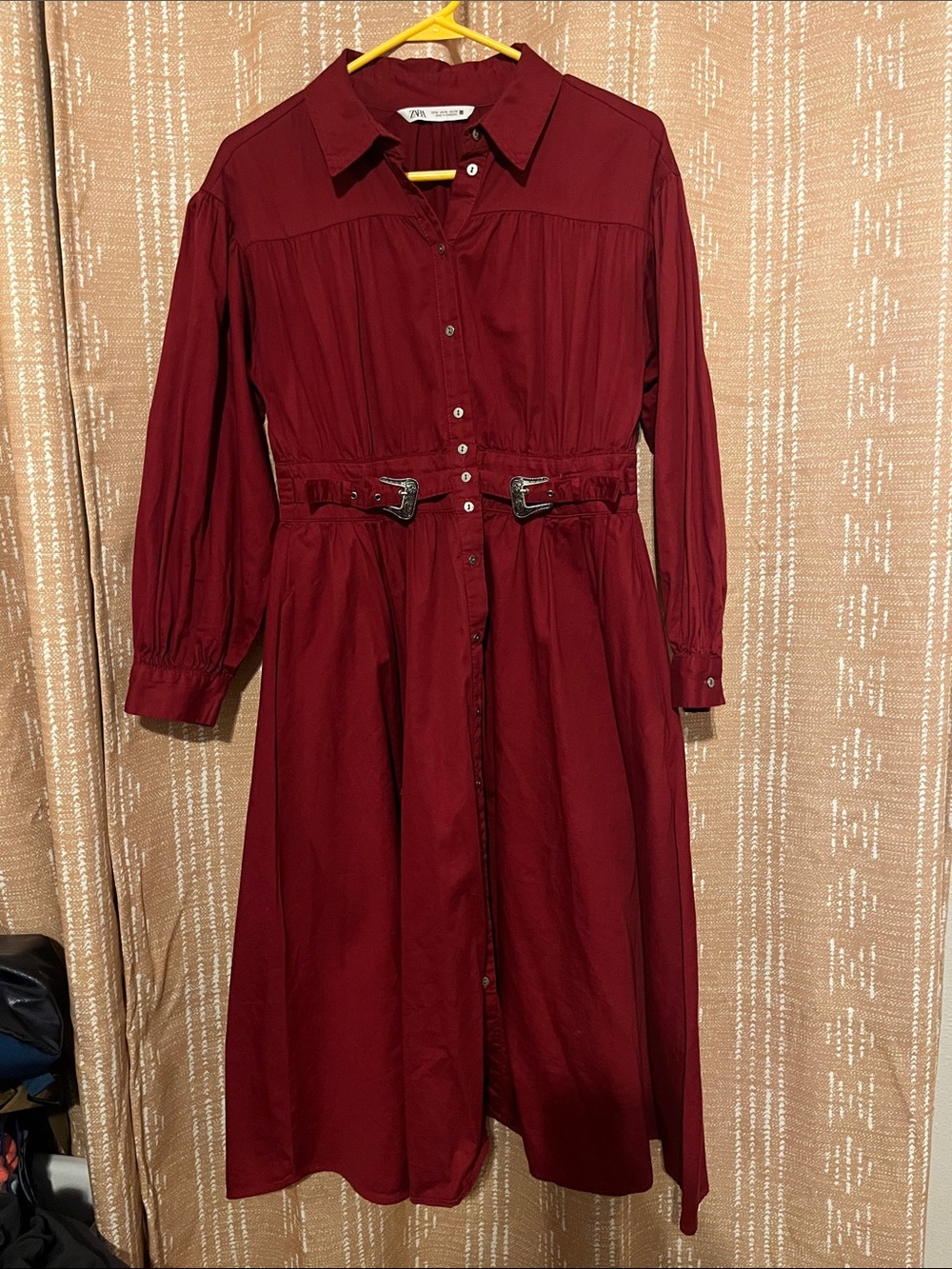 Zara Burgundy Red Midi Shirt Dress with Double Buckle Waist
